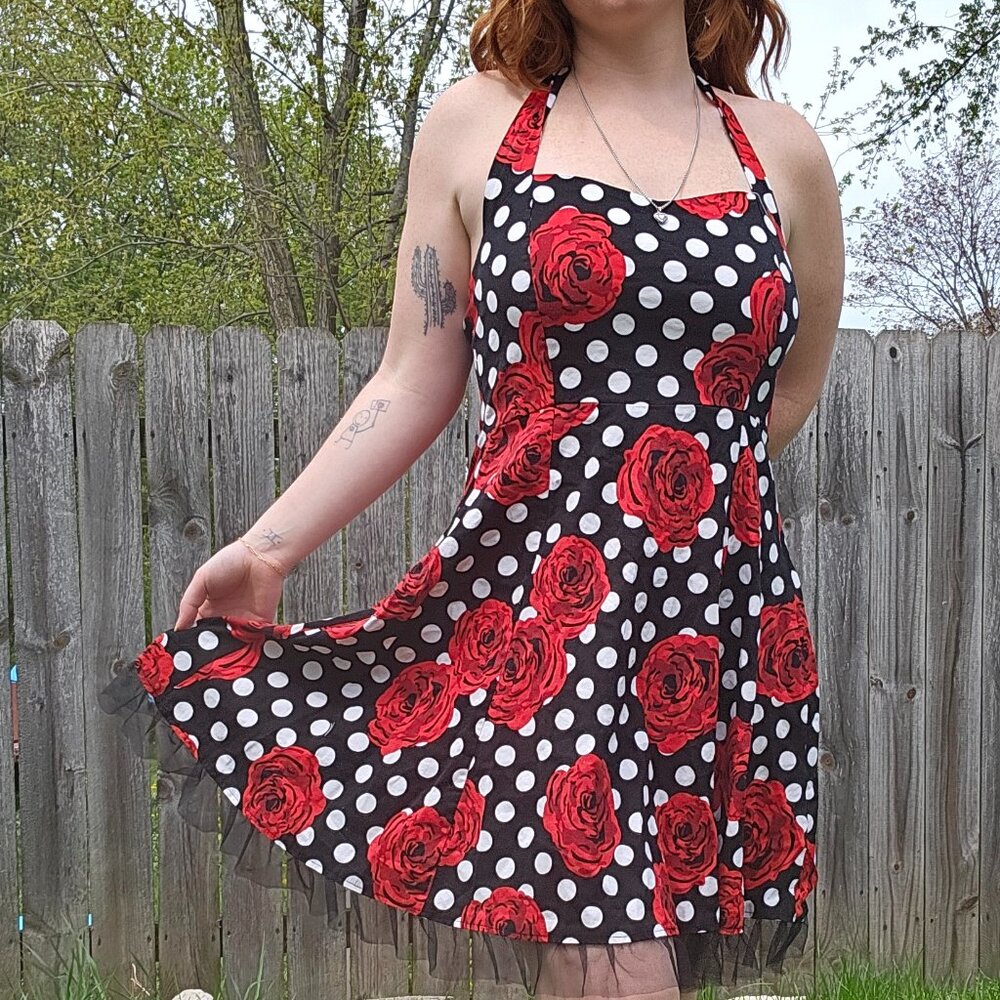 y2k Pin-up McBling Mobwife Polka Dots & Roses Flare Halter Midi Summer Dress